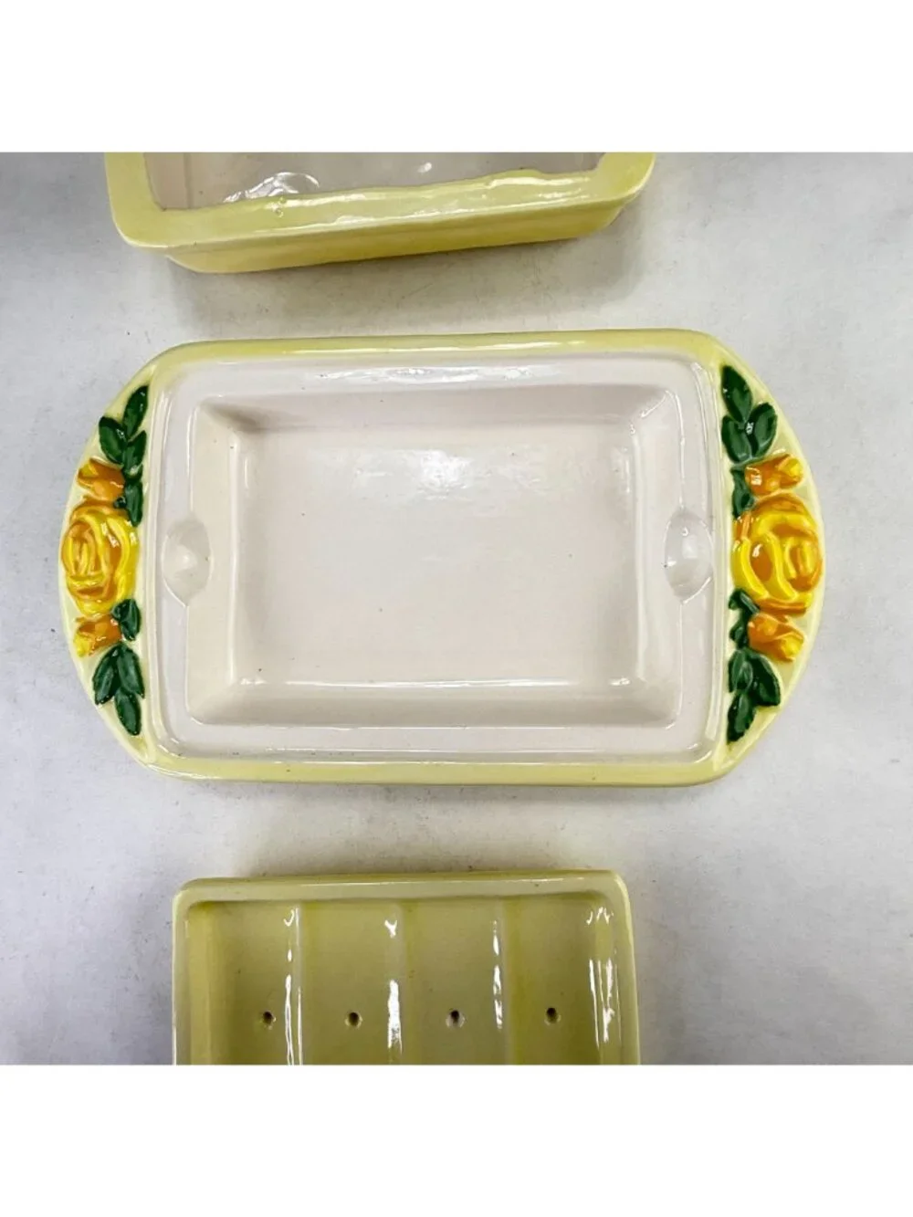 Vintage Hand Painted 3 Piece Soap Dish Yellow Roses